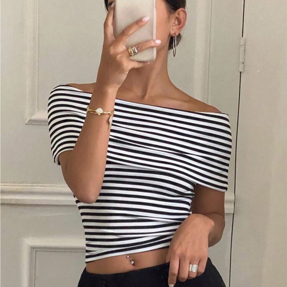 Striped Off-Shoulder Top - Black and White